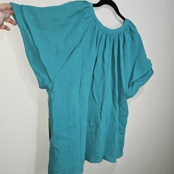 NWT Joie Blouse Teal Women Plus Size 1X Cotton Crinkle Flowy Flutter Sleeve NEW - Picture 13 of 16